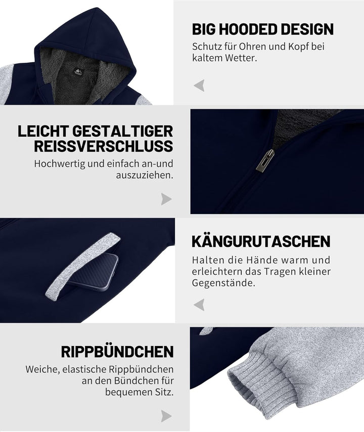 JACKETOWN Herren Sweatshirt Gefüttert Hoodie Reissverschluss Sweatjacke Warm Fleece Winterjacke Tedd