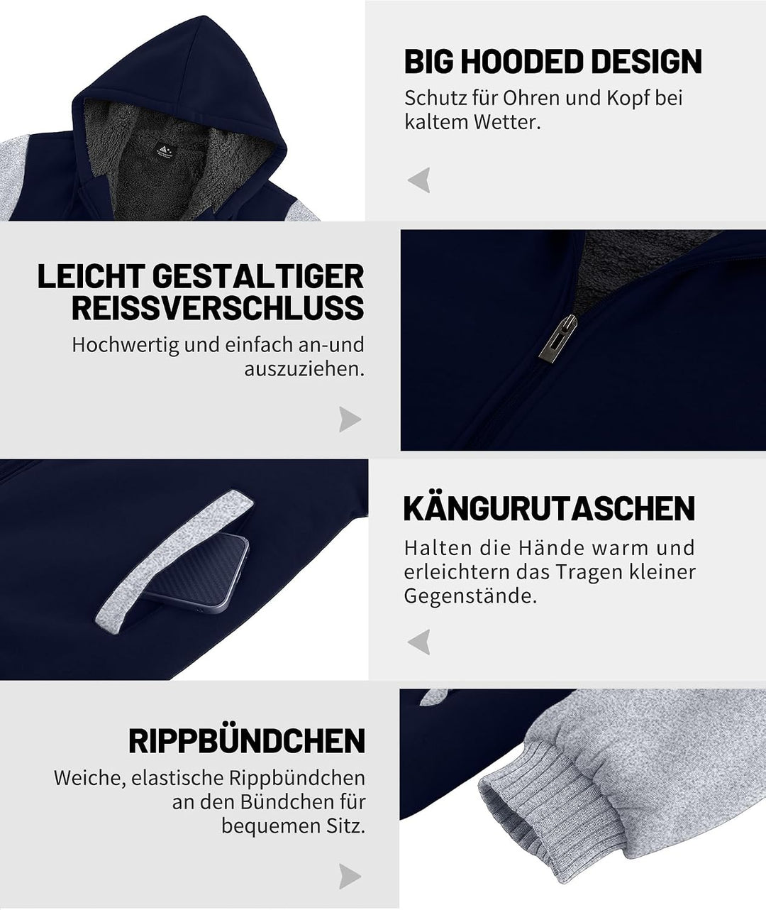 JACKETOWN Herren Kapuzenpullover Sweatshirt Reissverschluss Sweatjacke Gefüttert Hoodie Warm Fleece