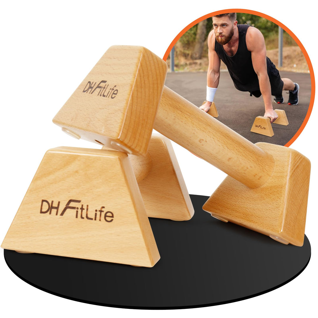 DH FitLife Liegestützgriffe aus Holz - 2x gelenksschonende & rutschfeste Handstand-Griffe | Parallet
