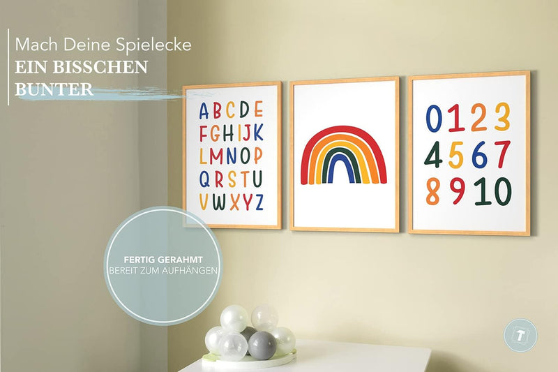 Papierschmiede® Kinderbilder 3er Set Lernposter, A3 gerahmt in Holzrahmen (Natur), Geschenk für Mädc