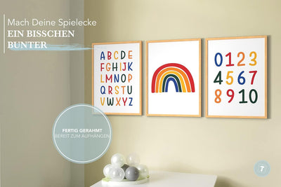 Papierschmiede® Kinderbilder 3er Set Lernposter, A4 gerahmt in Holzrahmen (Natur), Geschenk für Mädc