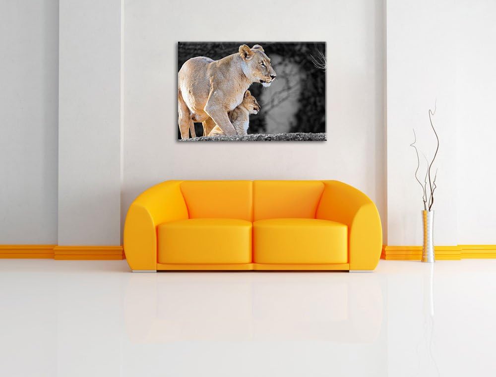 liebevolle Löwenmutter mit Jungtier schwarz/weiss auf Leinwand, XXL riesige Bilder fertig gerahmt mi