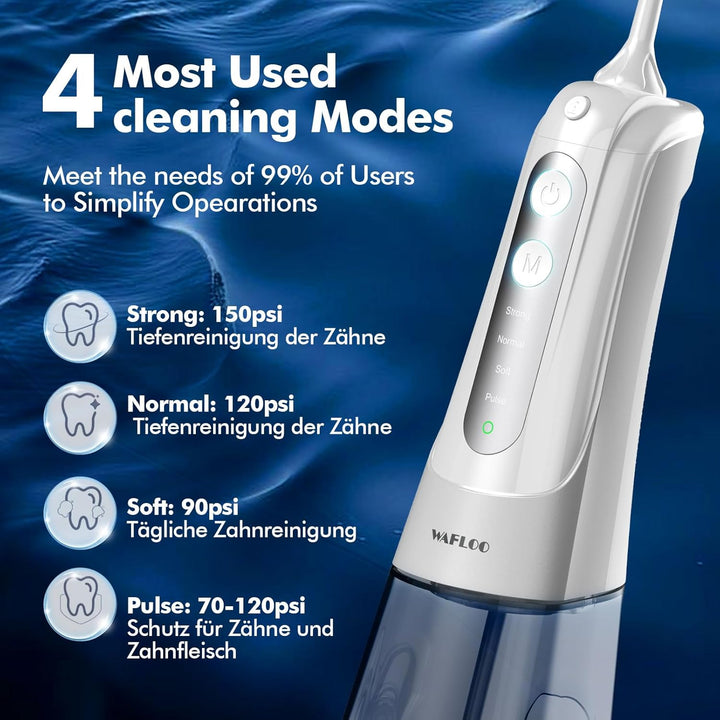 Munddusche Kabellos Elektrisch, Tragbarer Water Flosser mit 5 Modi & 4 Jet-Düsen, 300ML Wassertank,