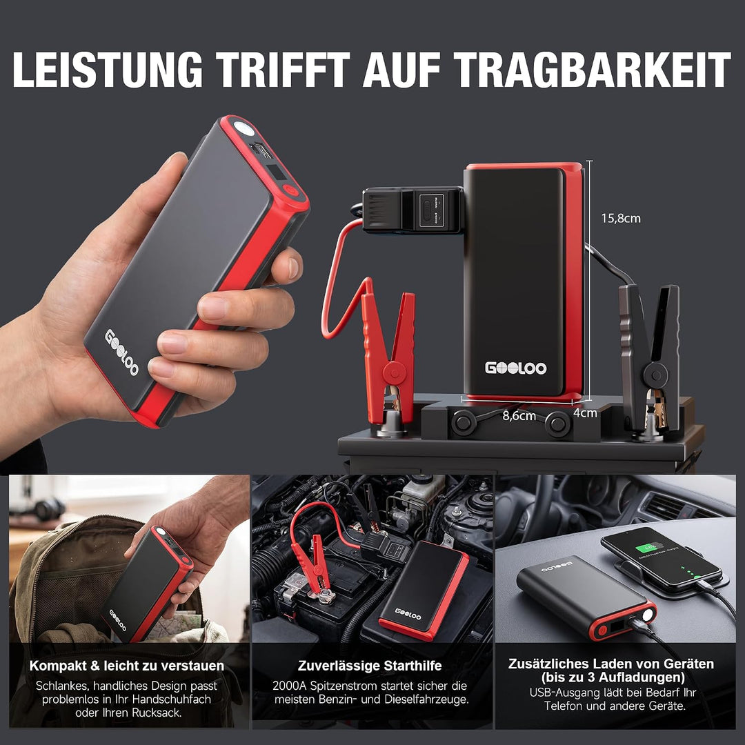 GOOLOO GE2000 2000A Starthilfe Powerbank, Supersafe USB-Schnellladung Schwarz, Schwarz
