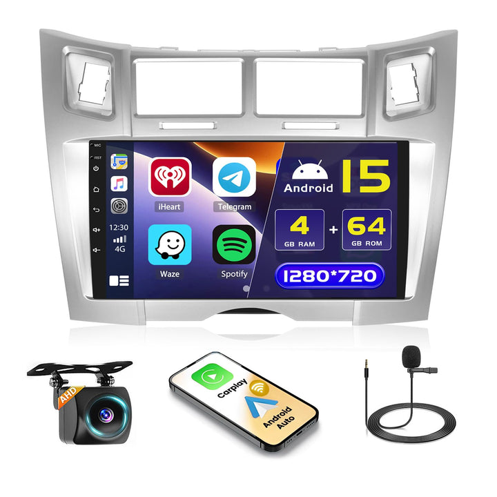 Hikity 4+64GB Android 15 Autoradio für Toyota Yaris/Vizi 2005-2011 Mit Wireless Carplay Android Auto