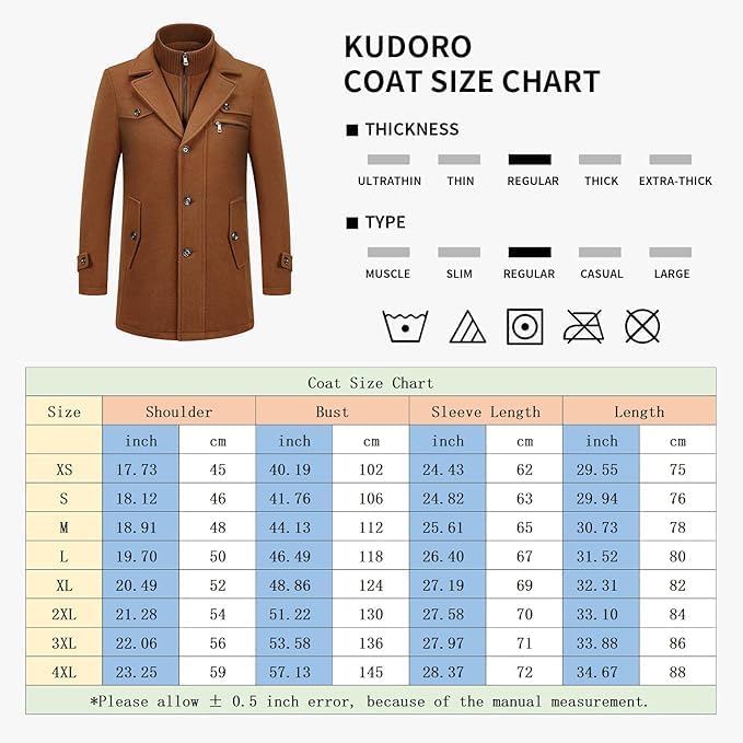 KUDORO Herren Wintermantel Wolle Kurzmantel Herren Wollmantel Mittellang Slim Fit für Business Freiz