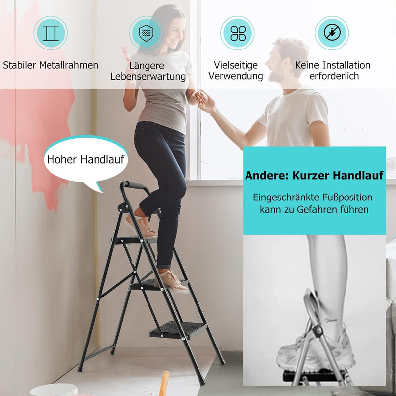 GYMAX Trittleiter 3 Stufen, klappbare Stufenleiter mit rutschfesten & Breiten Stufen, leichte Stehle
