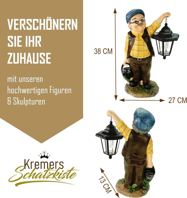 Kremers Schatzkiste Opa Hans mit Solarlaterne und Giesskann Figur Gartenfigur 38 cm Garten Älterer H