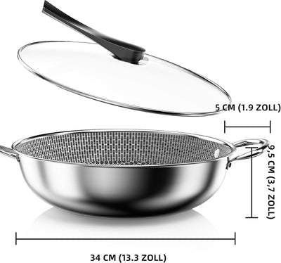 Kiseely Hybrid Wokpfanne mit Deckel 34 cm, Antihaft edelstahl Wokpfanne induktion, Bratpfanne mit An