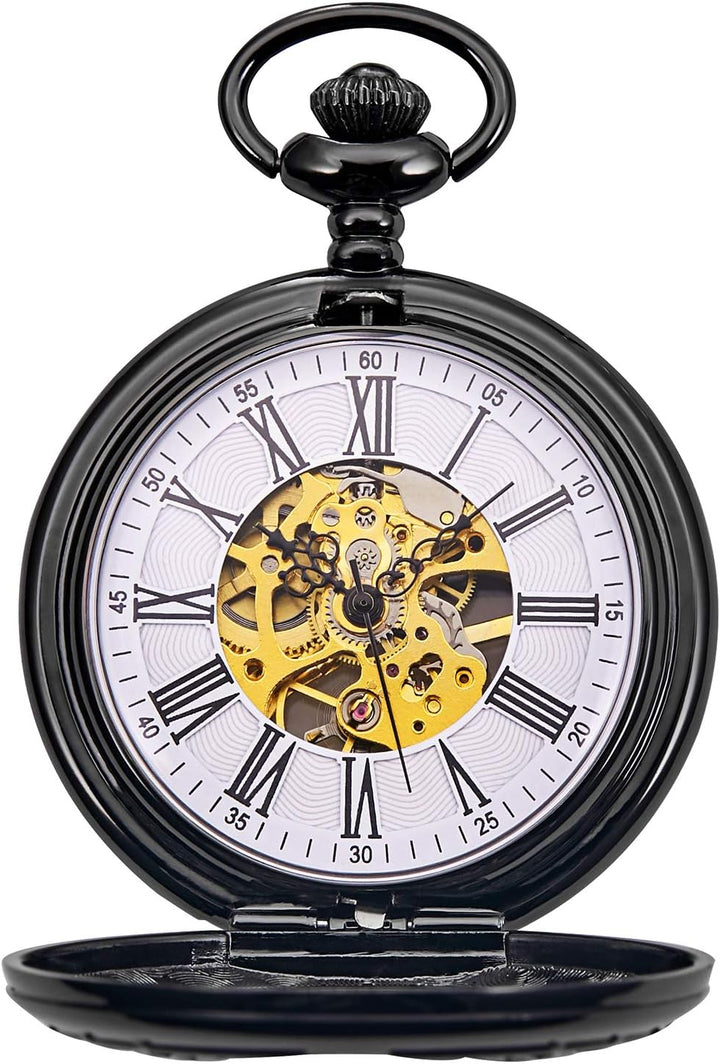 TREEWETO Unisex Taschenuhr mit Kette Analog Handaufzug Adler Skelett R?mische Ziffern Schwarz