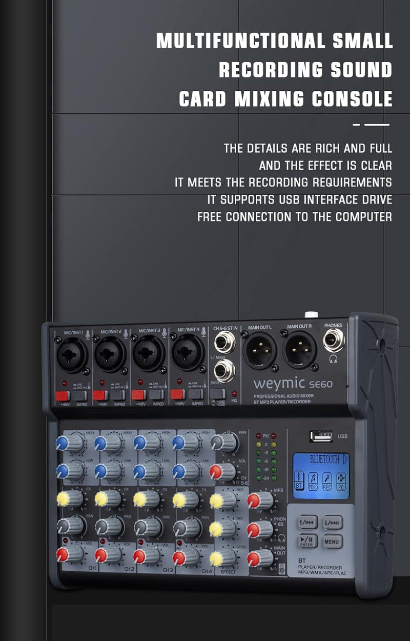 Weymic SE-60 Professioneller Mixer für DJ-Aufnahme, Bühne, Karaoke, Musik-App mit USB-Laufwerk für C