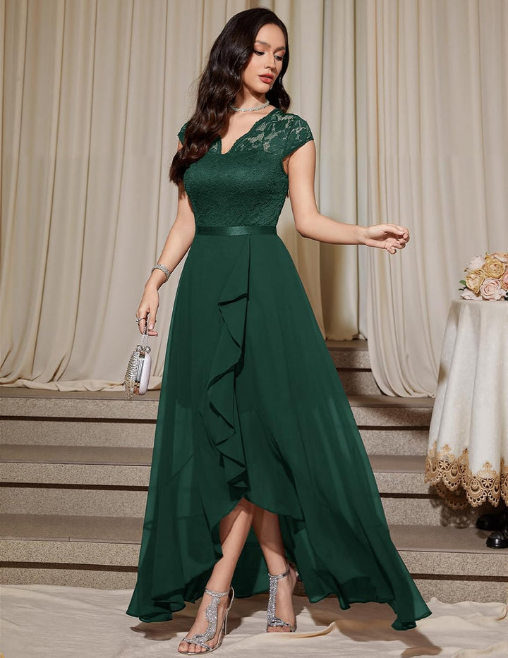 Bbonlinedress Abendkleider elegant für Hochzeit Spitzenkleid Chiffon Hi-Lo Kleid Brautjunferkleid Pa