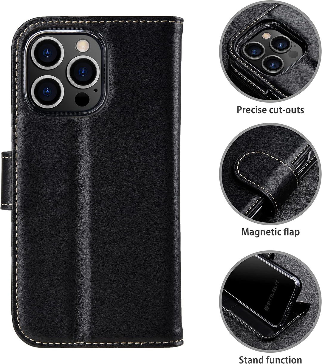 STILGUT Talis kompatibel mit iPhone 13 Pro Max (6.7“) Hülle mit Kartenfach aus Leder, Flip Cover, Wa