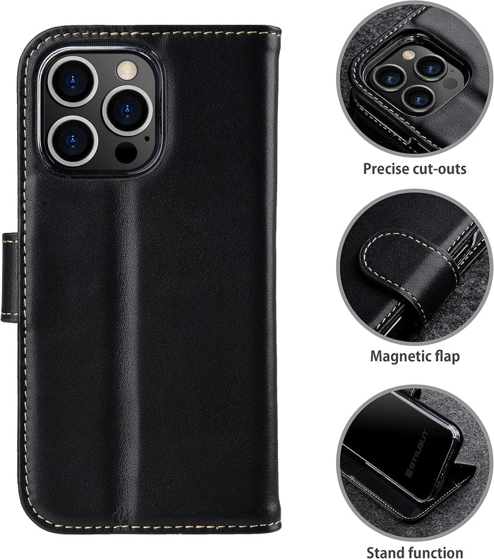STILGUT Talis kompatibel mit iPhone 13 Pro Max (6.7“) Hülle mit Kartenfach aus Leder, Flip Cover, Wa