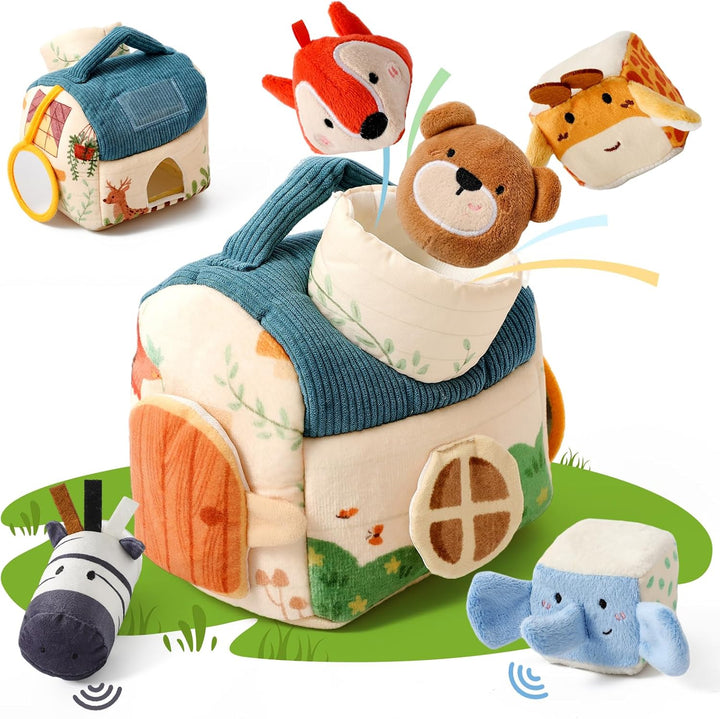 WOODEN TEETHER Baby Spielzeug 4 6 12 18 Months, Montessori Spielzeug Baby Ensory Farm House mit 5 Ti