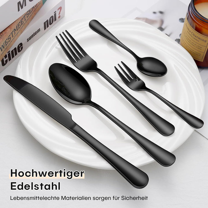 Besteck Set 6 Personen, 30 Teilig Schwarz Besteckset mit Messer Gabel Löffel, Essbesteck Set Edelsta