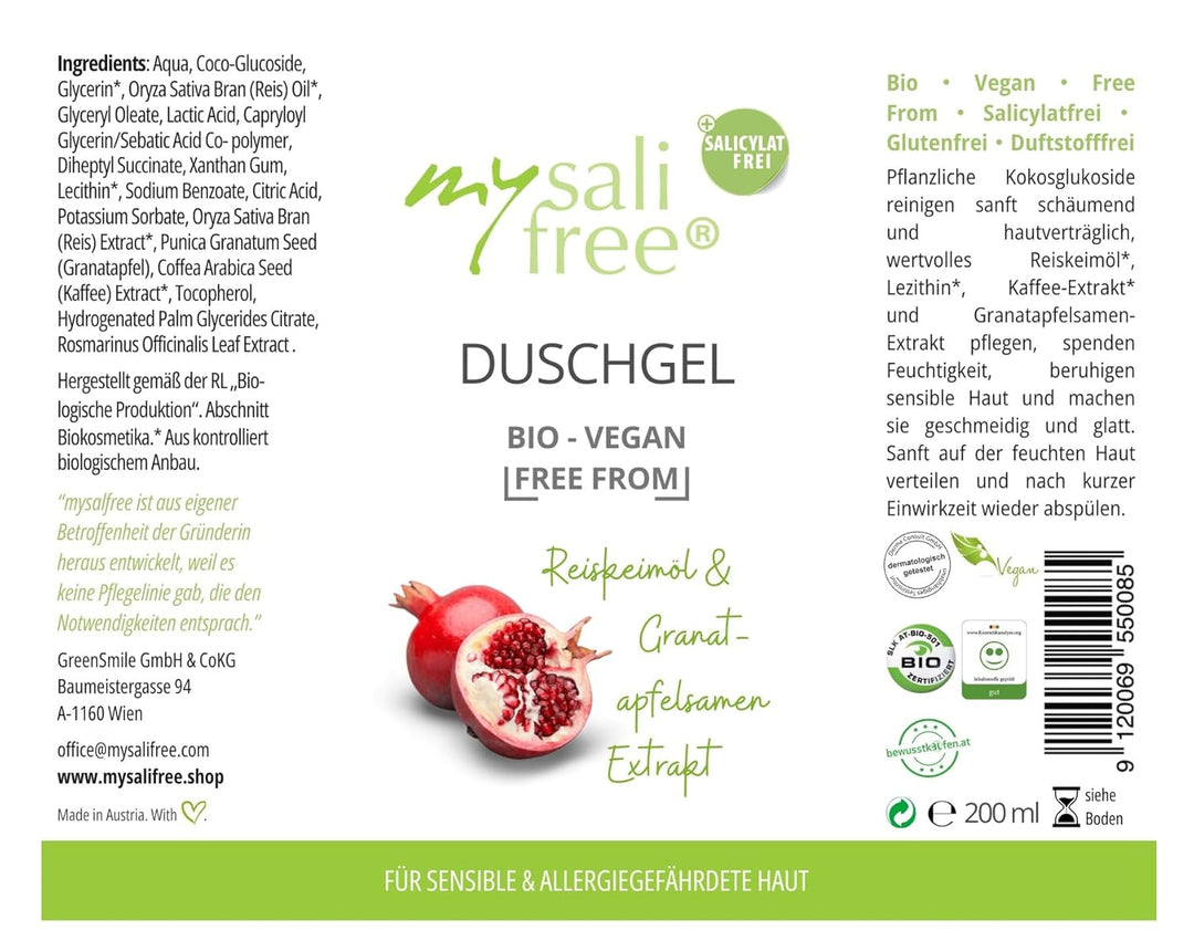 mysalifree BIO DUSCHGEL, mild reinigendes Naturkosmetik Duschgel für sensible Haut, mit Reiskeimöl,