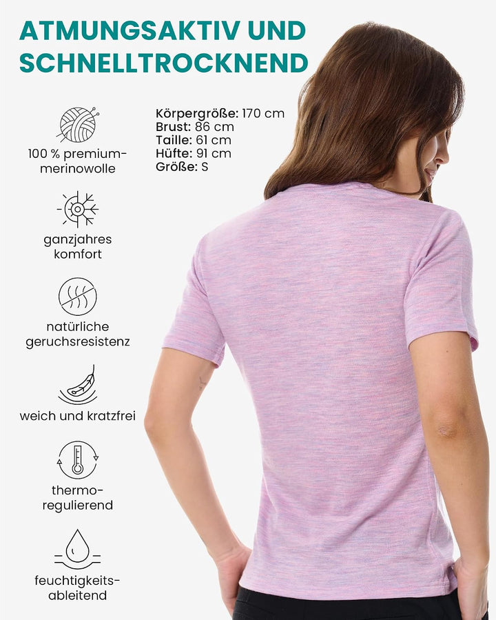 Merino.tech Merinowolle T-Shirt Damen - 100% Merinowolle Leichte Basisschicht Damen Kurzarm T-Shirt