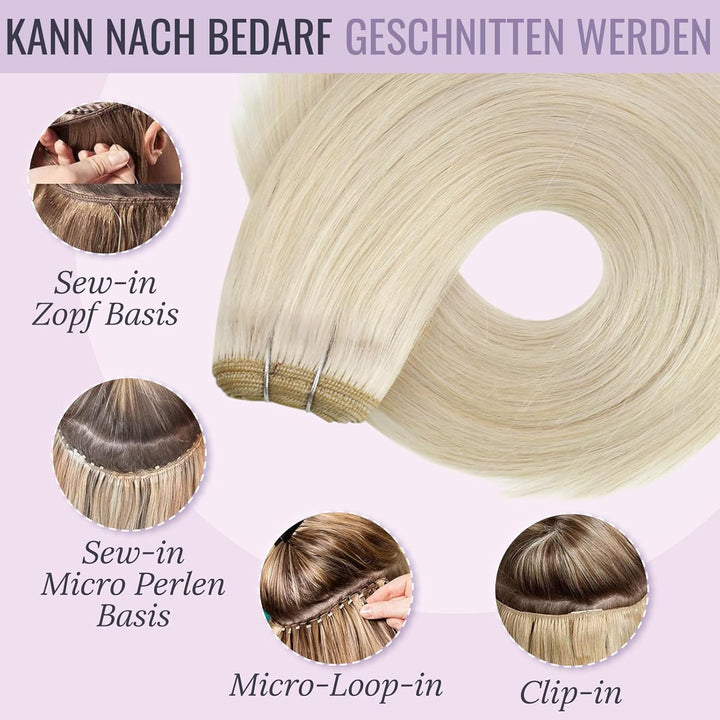 Fshine Tressen Echthaar Platinblond Sew in Weft Extensions Echthaar Tressen 35 cm 100 g Seidig Gerad