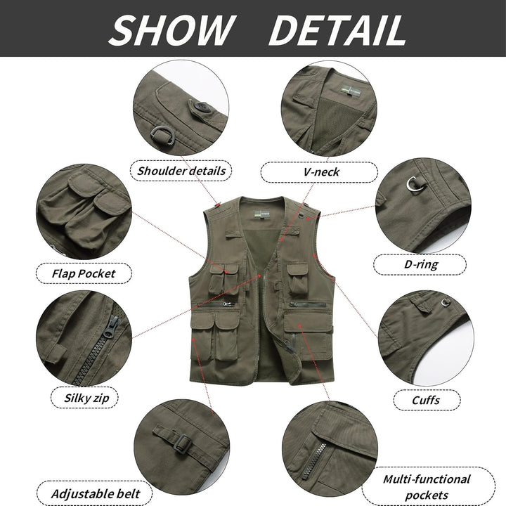 Herren Outdoor Weste Anglerweste mit Multi-Taschened Sommer Freizeit Baumwolle Weste Hundeweste Leic