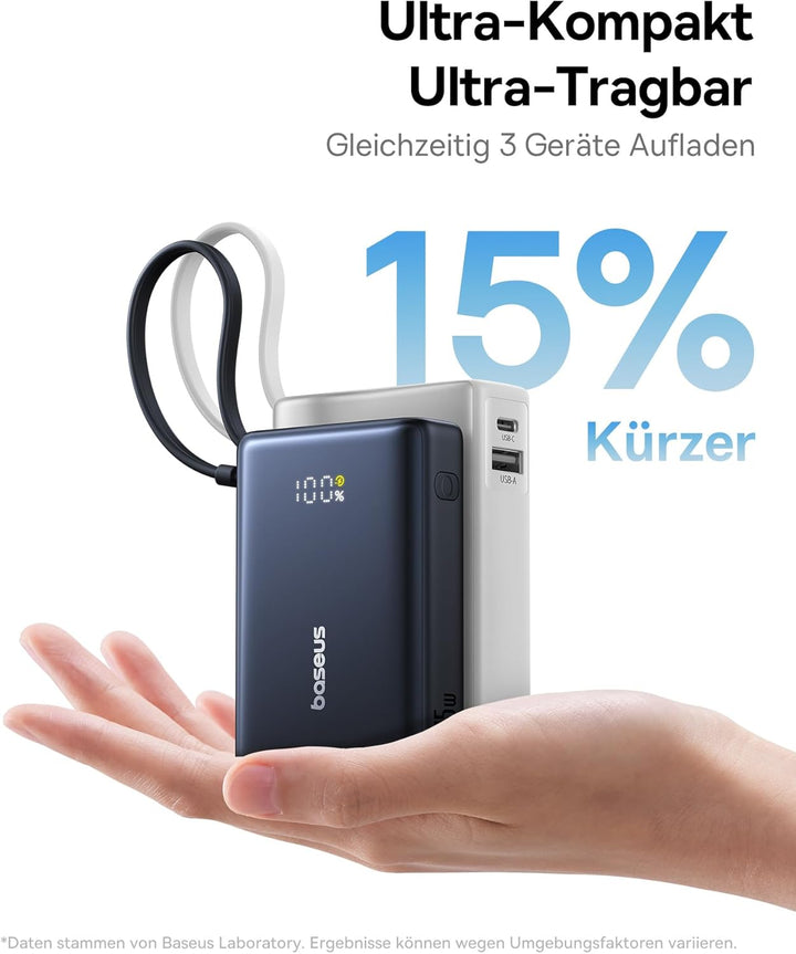 Baseus Picogo Powerbank, Power Bank 10000mAh 45W mit integriertem USB-C Kabel, PD 3.0 QC 4+ Externe