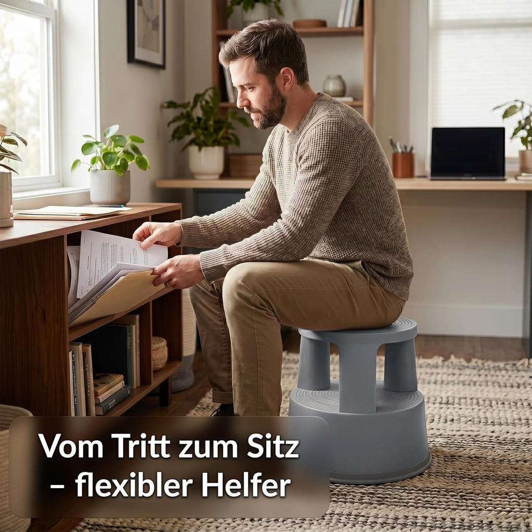 Office Marshal Rollhocker Kunststoff Elefantenfuss dunkelgrau, Rutschfester Tritthocker mit Rollen,