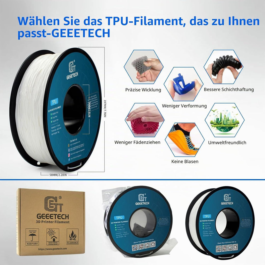 GEEETECH TPU filament 1,75mm Blau, Flexible 3D Drucker Filament 1kg 1 Spool Blau-1KG, Blau-1KG