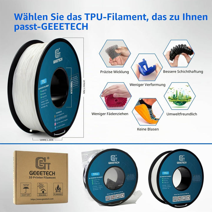 GEEETECH TPU filament 1,75mm Blau, Flexible 3D Drucker Filament 1kg 1 Spool Blau-1KG, Blau-1KG