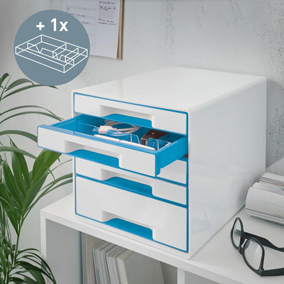 Leitz CUBE Schubladenbox mit 5 Schubladen, Weiss/Blau, A4, Inkl. transparentem Schubladeneinsatz, WO