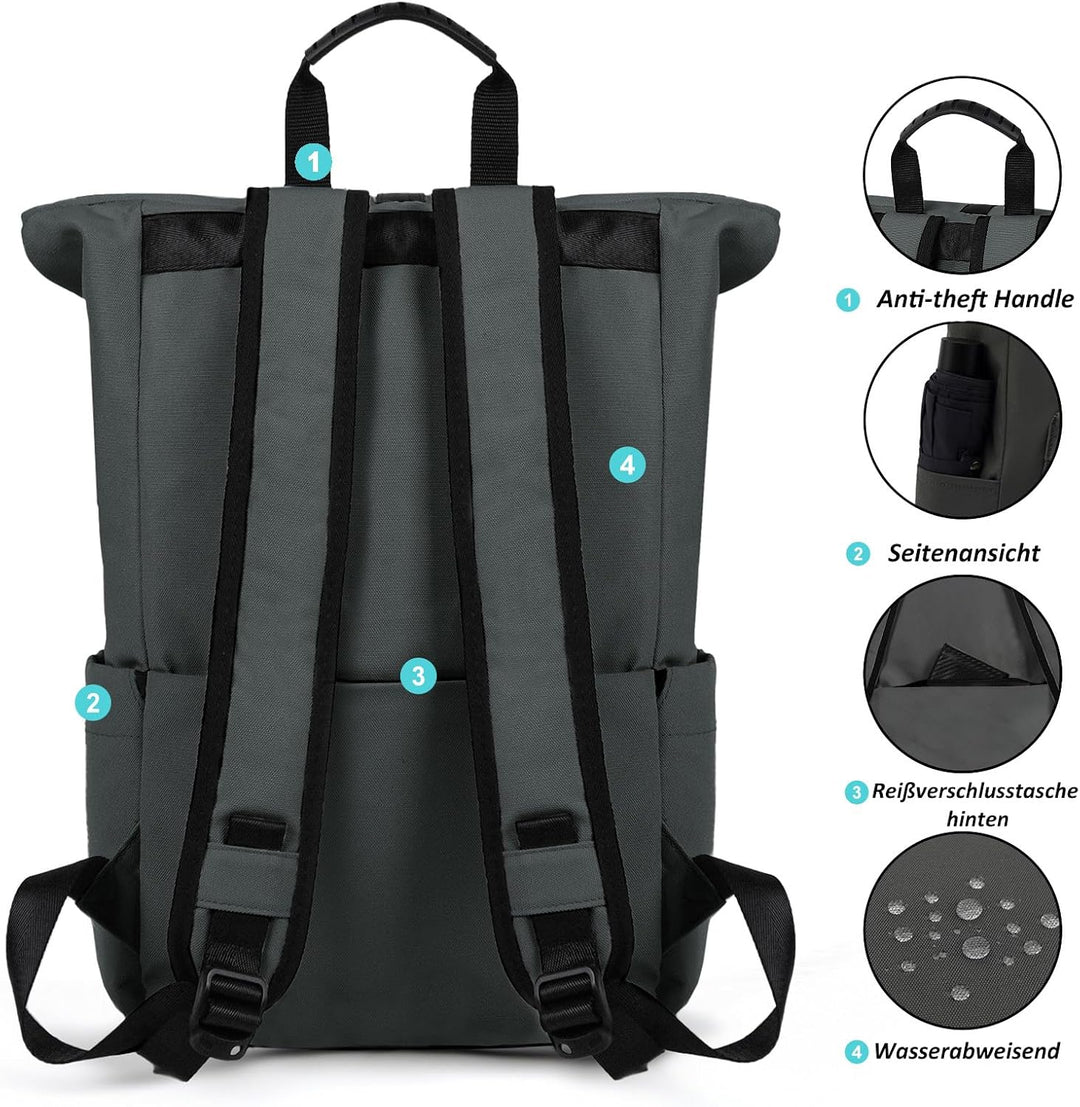 TANTOMI Rucksack Damen Herren, Rucksack Laptop Tasche 15,6 Zoll, Laptop Rucksack Damen Herren weit ö