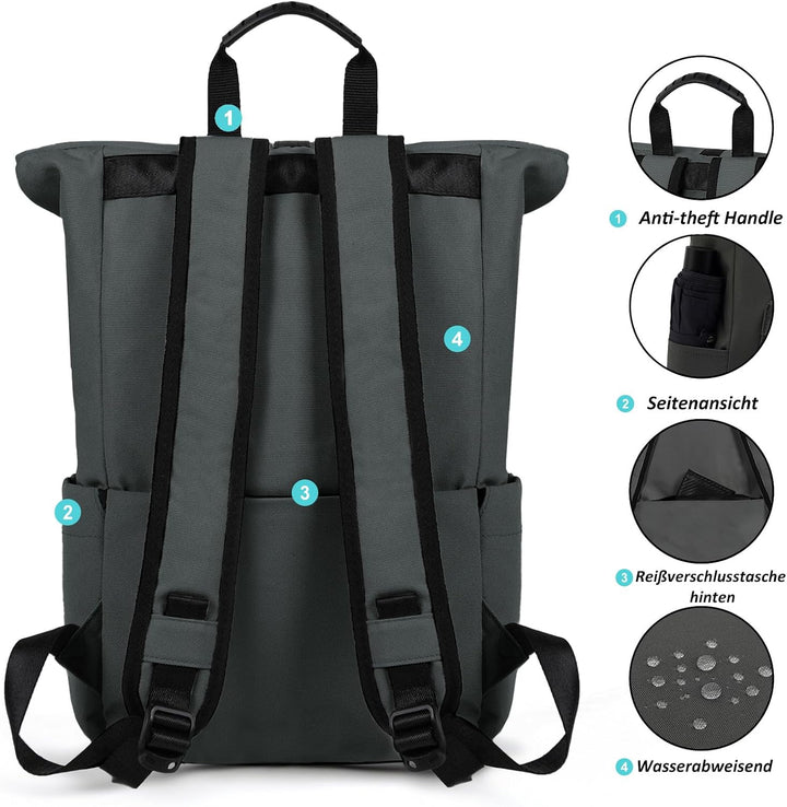 TANTOMI Rucksack Damen Herren, Rucksack Laptop Tasche 15,6 Zoll, Laptop Rucksack Damen Herren weit ö