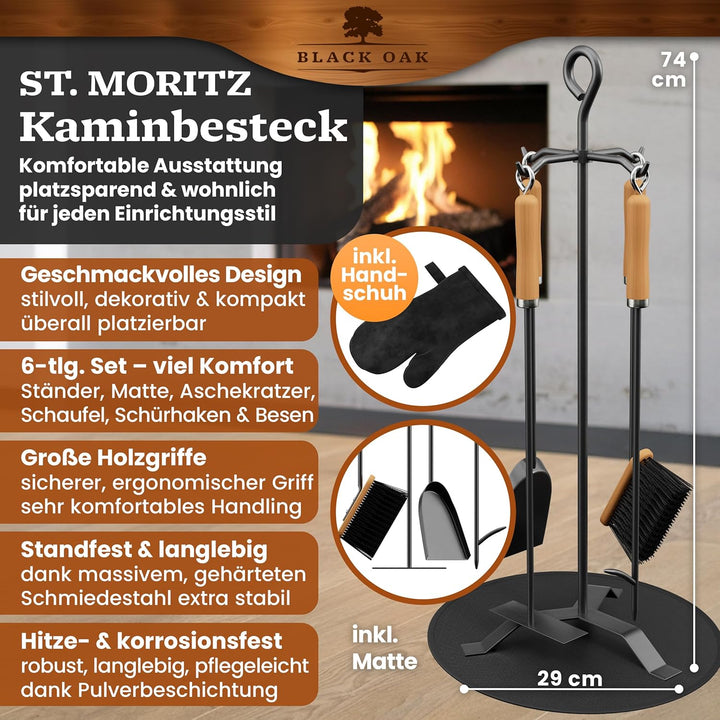 BLACK OAK Kaminbesteck ST. MORITZ 6-teilig mit Lederhandschuh - wohnliches & dekoratives Ofenbesteck