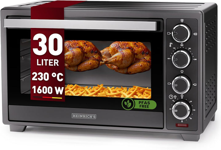 Heinrich´s Minibackofen mit Umluft 30L - Backofen klein mit Drehspiess, Airfryer-Einsatz inkl. Timer