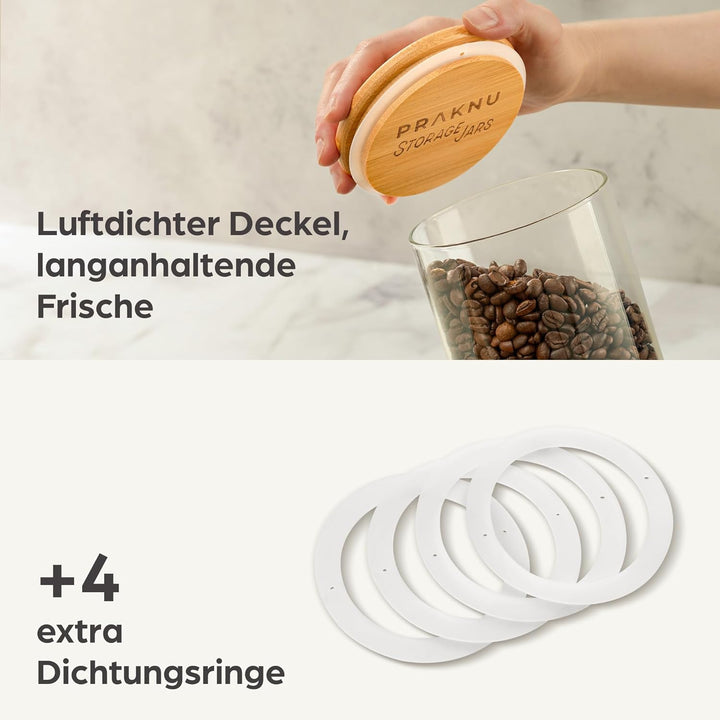 Praknu Vorratsgläser mit Deckel 4er Set - Luftdicht - 1,2 L - Spülmaschinenfest - 8