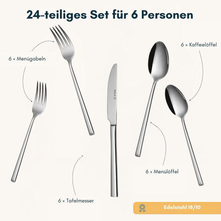 Sola Luxor Besteck Set - 6 Personen Essbesteck - 24 Teilig, 18/10 Rostfreiem Stahl - Robustes & Eleg