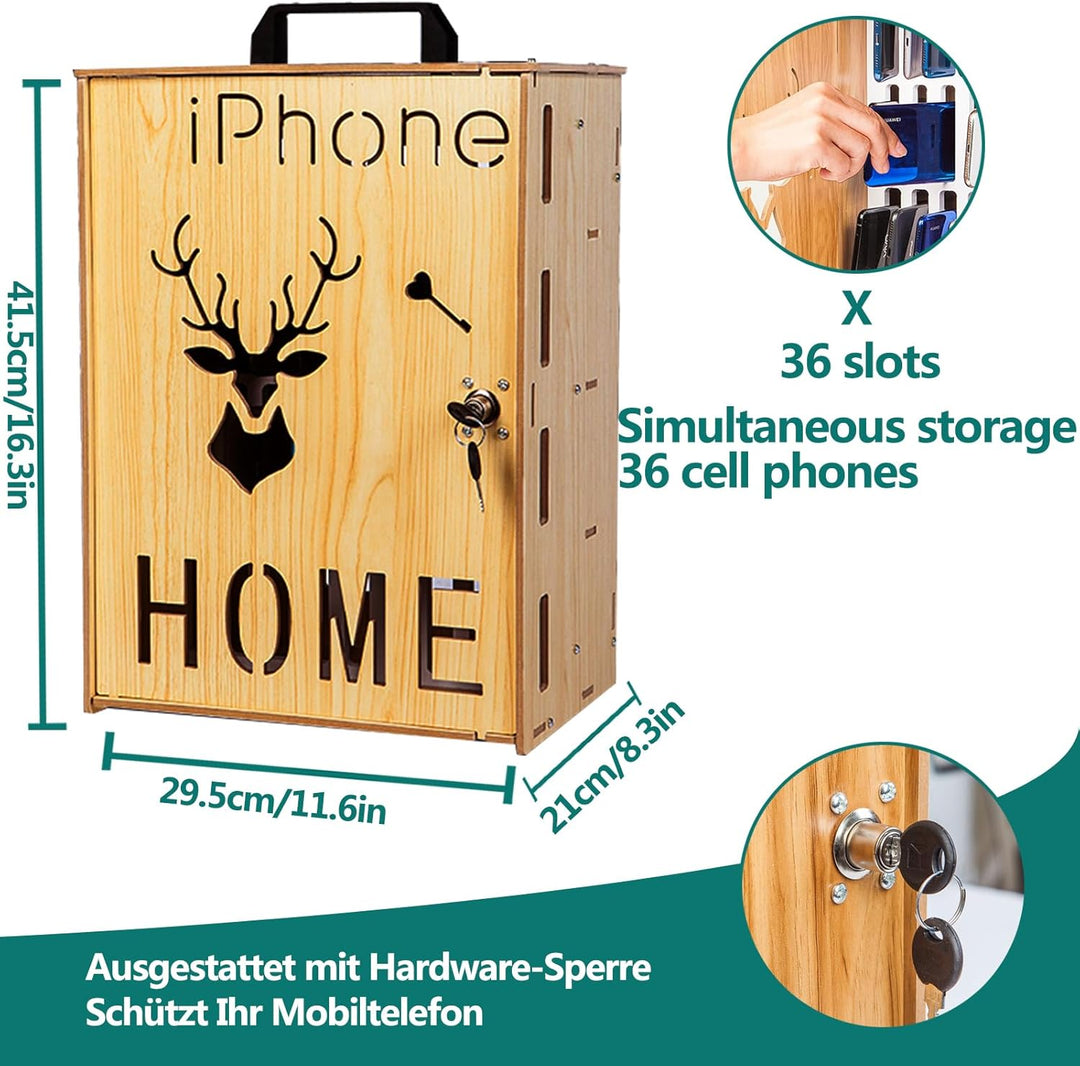 Handy Schrank Abschliessbarer Handy Safe aus Holz 36 Schlitze Wandmontierte Handy aufbewahrungsbox,