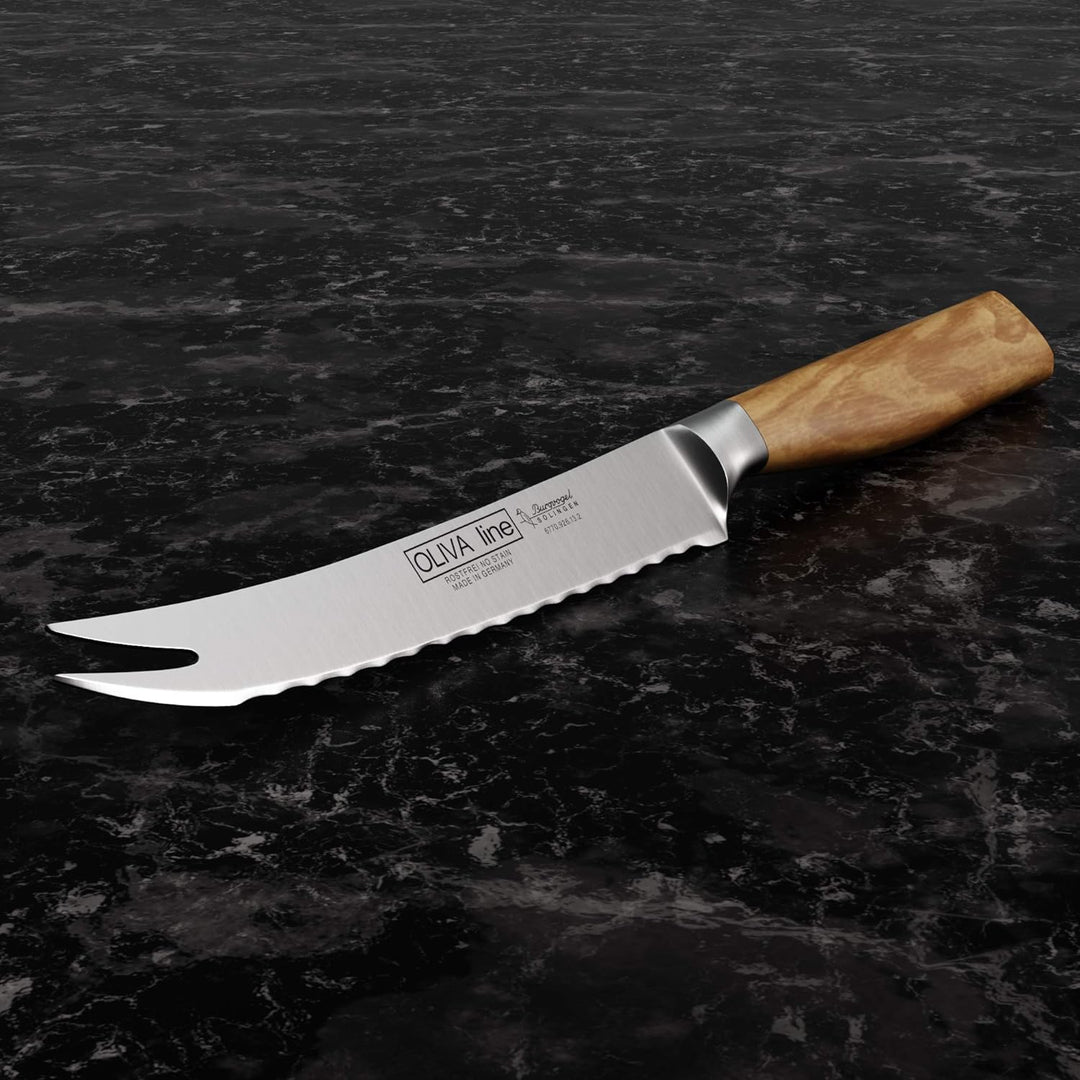 Burgvogel Solingen Tomatenmesser 13 cm geschmiedet Olivenholz, Oliva Line, Wellenschliff, rostfrei,