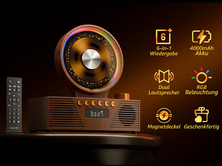 ROADOM CD Player Bluetooth 5.3 mit Dual Lautsprecher, 4000mAh Tragbar Wiederaufladbar, 6-in-1 Wieder