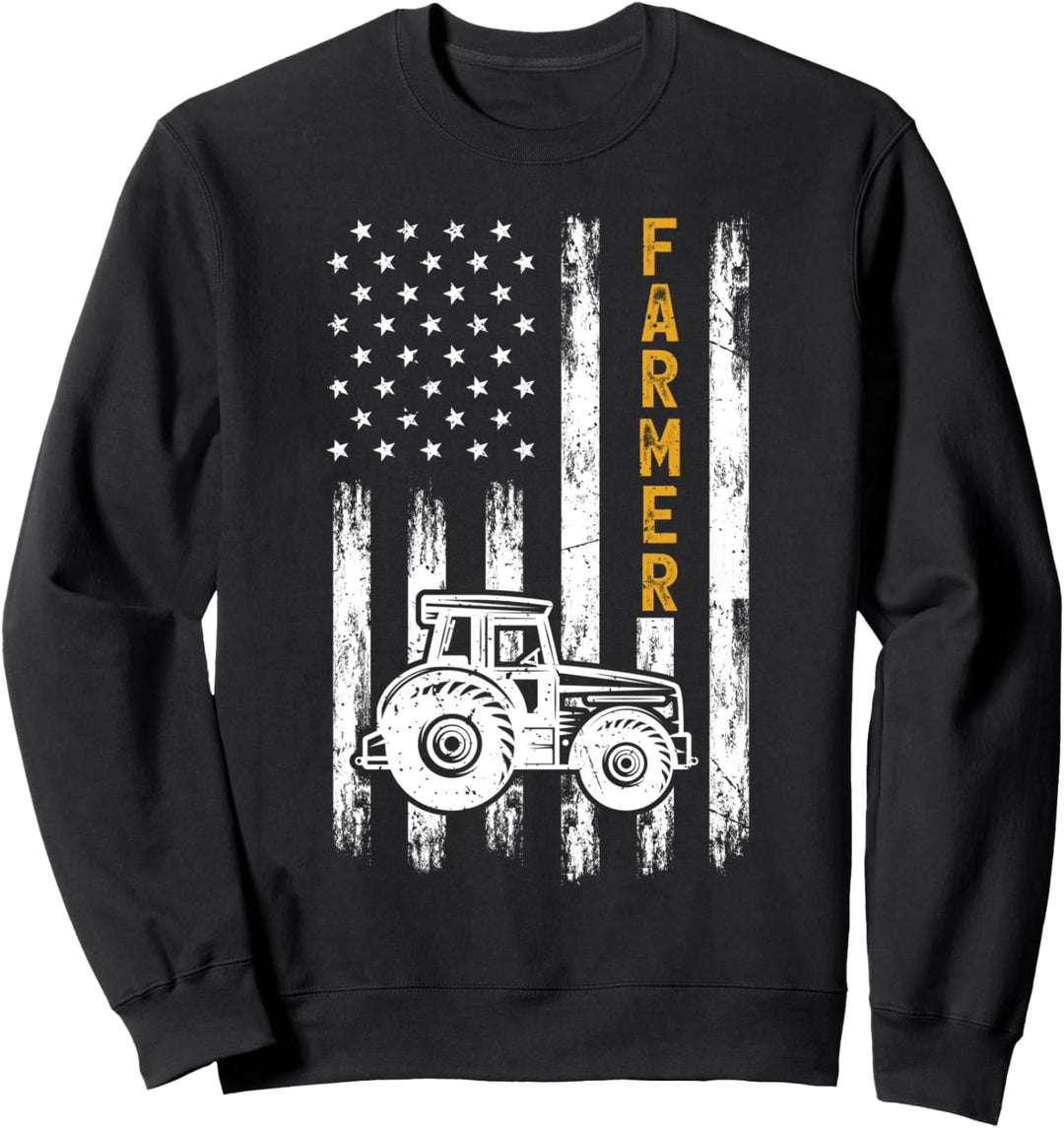 Vintage Retro American Flag Tractor Farmer Sweatshirt