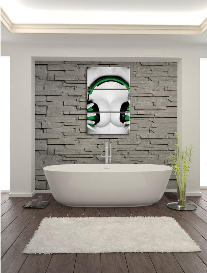 Dark Sexy Girl grüne Kopfhörer schwarz/weiss 3-Teiler Leinwandbild 120x80 Bild auf Leinwand