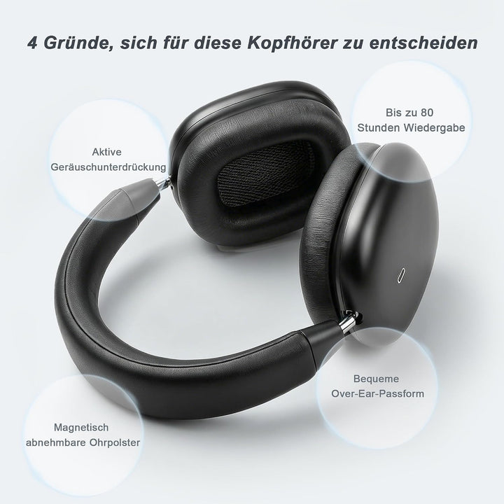 Over Ear Kopfhörer Bluetooth mit magnetischen Ohrpolstern | 80H Akku, 2 Extra-Sets Ohrpolster, mit M
