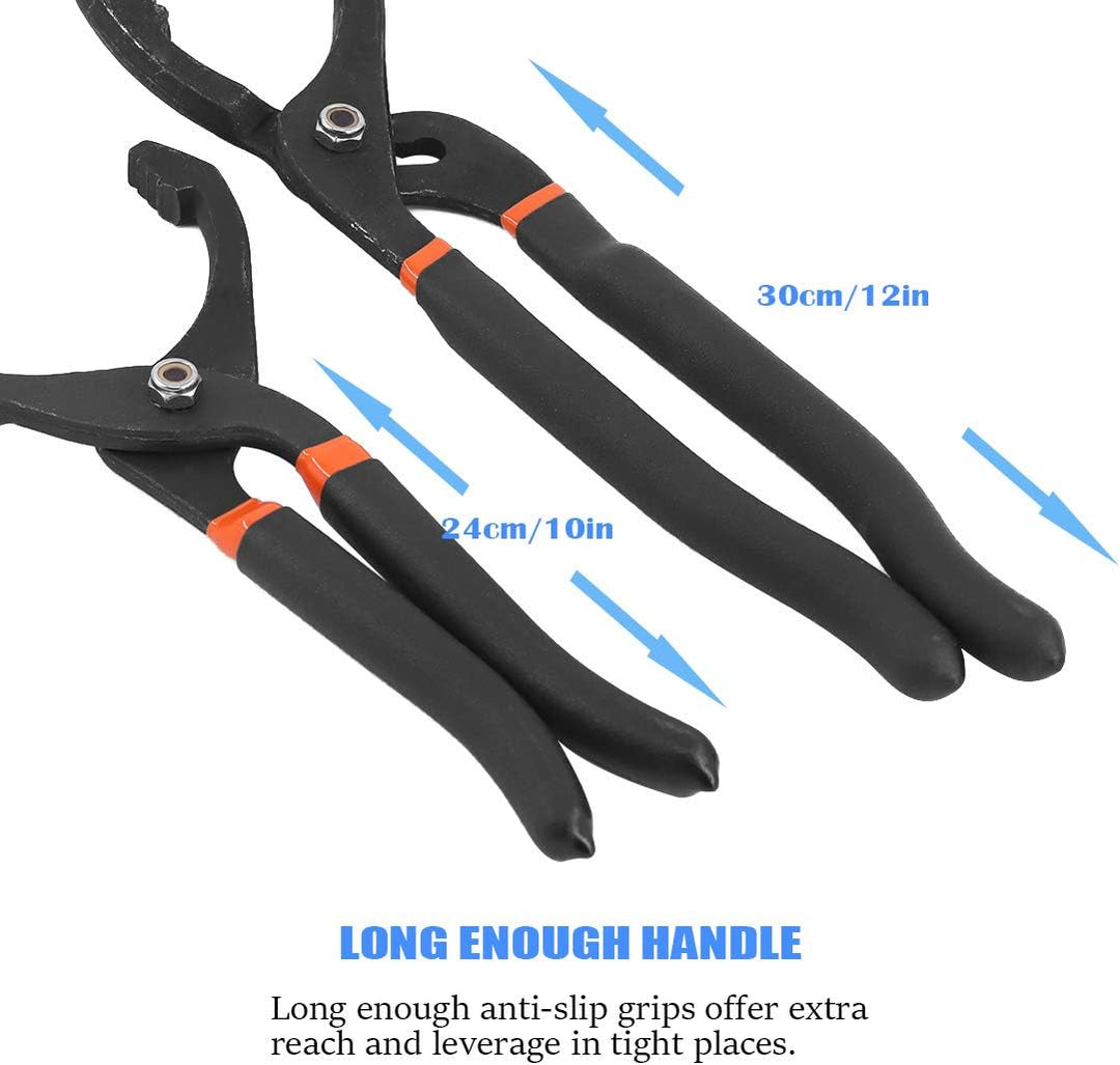 Glarks 2Pcs 10" and 12" Long Handle Grip Oil Filter Pliers Set Adjustable Angle Hand Oil Filter Wren