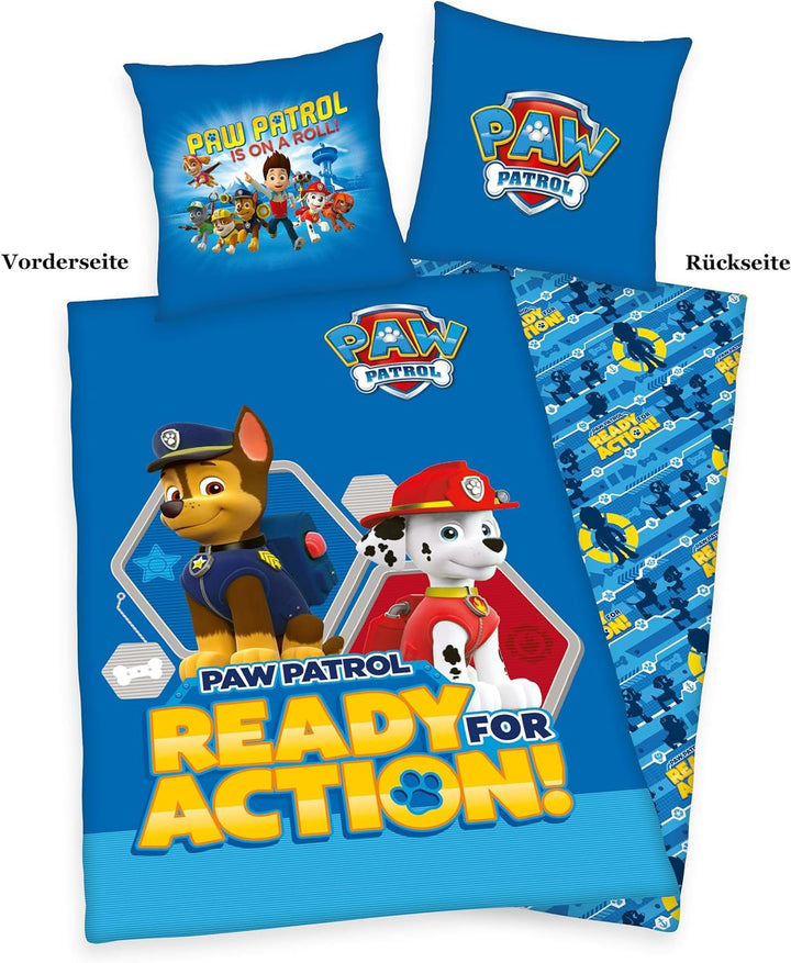 Herding Bettwäsche-Set, Paw Patrol, Kopfkissenbezug 80 x 80 cm mit Knöpfen und Wende-Motiv, Bettbezu