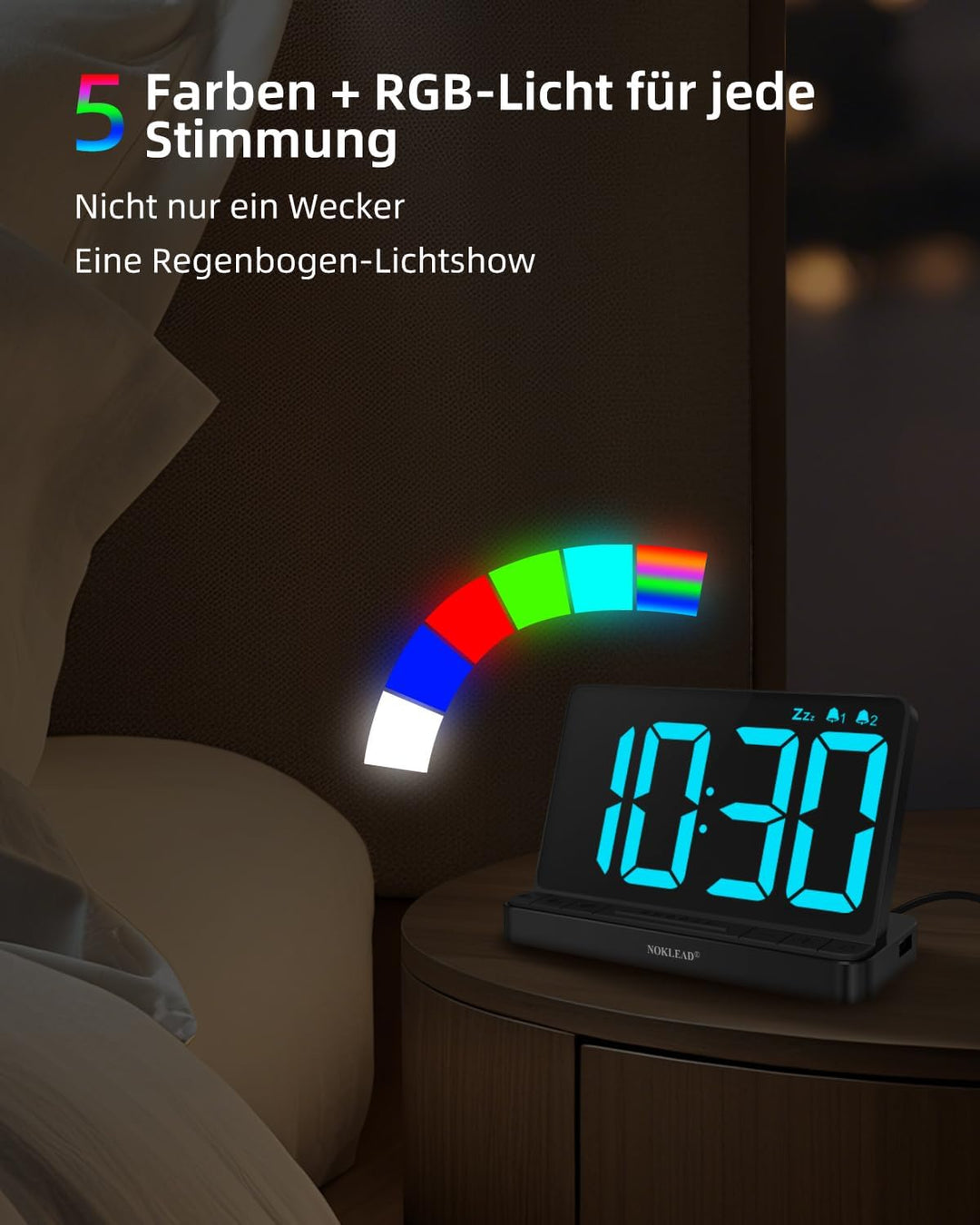 NOKLEAD Digitaler Wecker mit Grossem 6,5" RGB Farbwechsel Display, Netzbetriebene Nachttischuhr mit
