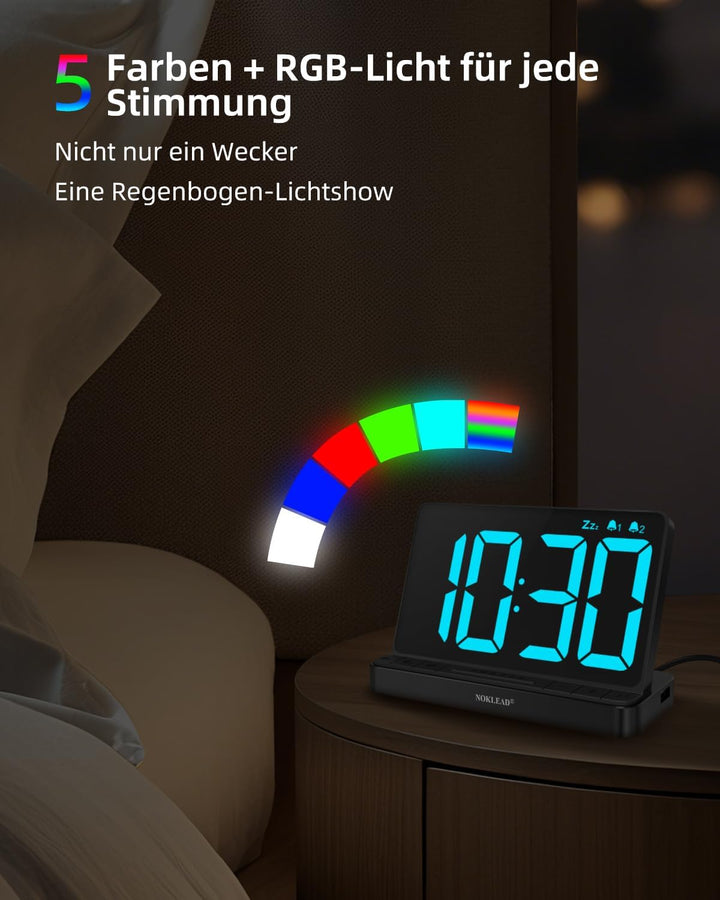 NOKLEAD Digitaler Wecker mit Grossem 6,5" RGB Farbwechsel Display, Netzbetriebene Nachttischuhr mit
