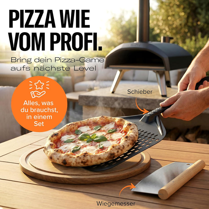 Pizzaschieber Set mit Pizzaschneider - grosser perforierter Pizzaschieber mit Antihaft-Beschichtung