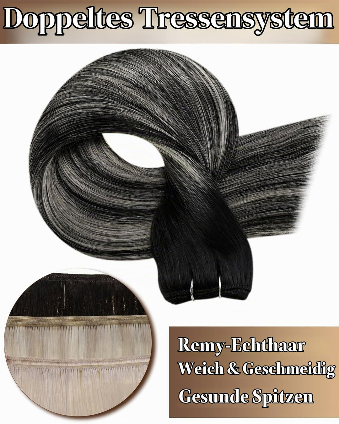 Hetto Tressen Echthaar Balayage Schwarz &amp; Silber 50cm 100g - Für Komplette Verlängerungen, Robuste W