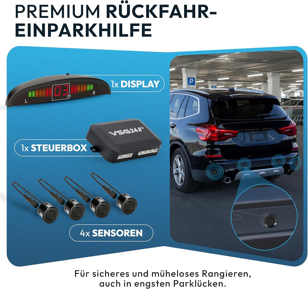 VSG24 Premium Einparkhilfe hinten mit Display zum nachrüsten am Auto, PDC Parksensoren hinten mit St