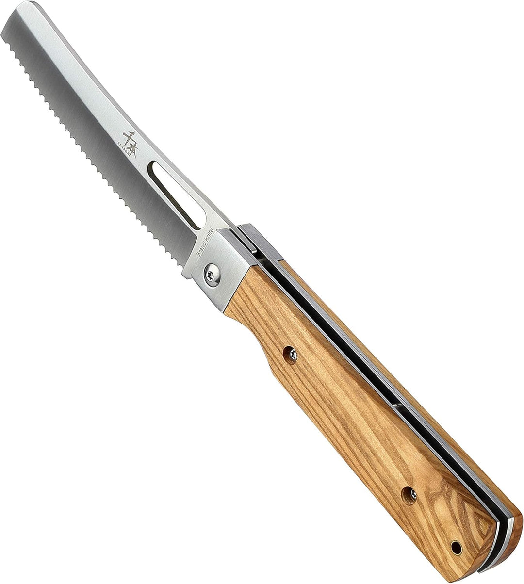 SENBON 440A Stainless Steel Pocket Folding Japanese stil Bread Knife Natural Olive Handle Camping Tr