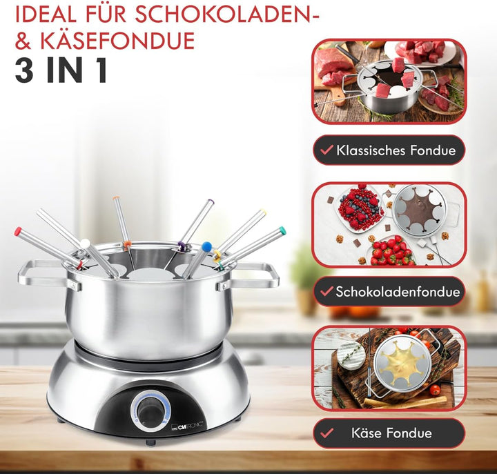 Clatronic FD 3783 elektrischer Fonduetopf, Topf mit abnehmbaren Spritzschutz, Fondue-Set für 8 Perso